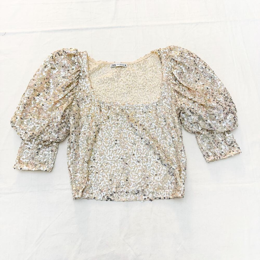 Zara Sequin Puff-Sleeve Blouse in Champagne
